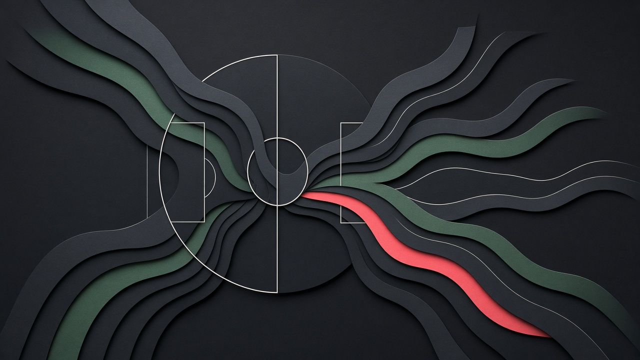 Layered charcoal paper-cut artwork of a soccer pitch outline, with green and coral paper ribbons branching outward from the center circle like a roadmap