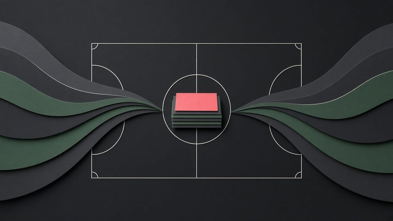 Paper-cut soccer pitch on dark charcoal, green and graphite ribbons flowing into a small stack of sheets in the center circle, topped by one coral layer